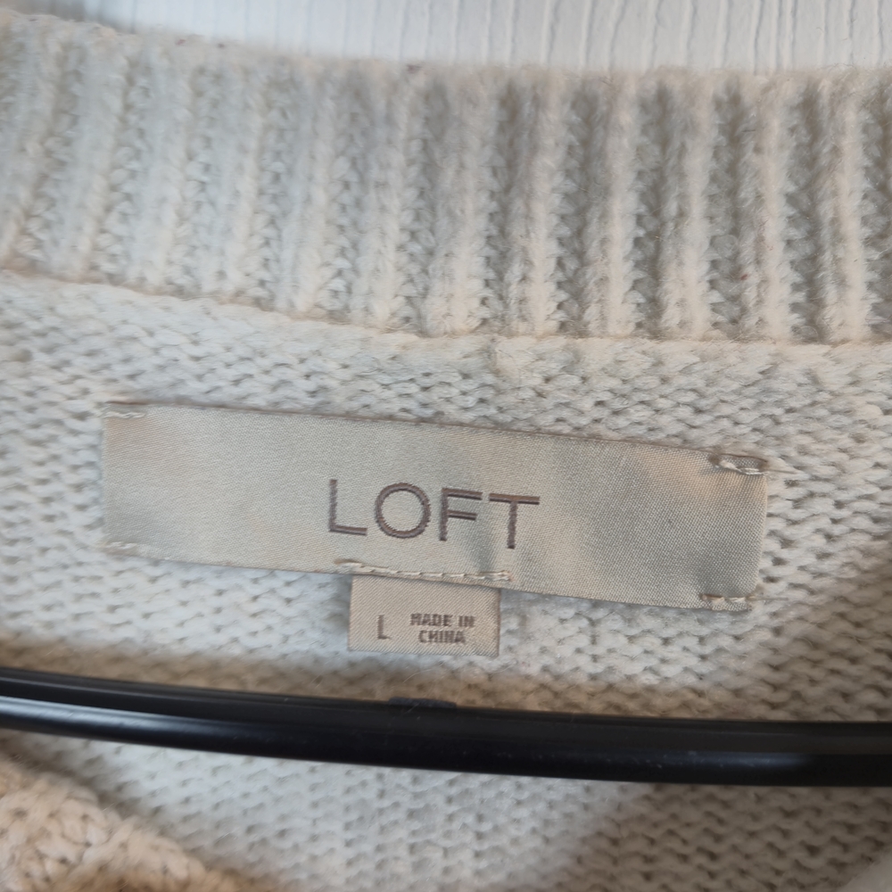 LOFT Alpaca Wool Blend Ribbed Pointelle Raglan Knit Sweater Cream Large - Picture 6 of 7